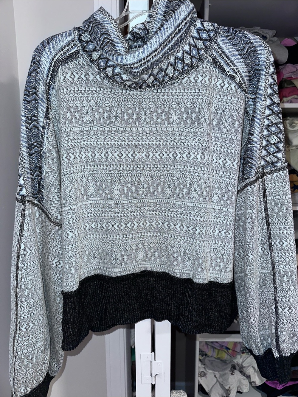 We The Free Gray & Black Patterned Cowl Neck Sweater
